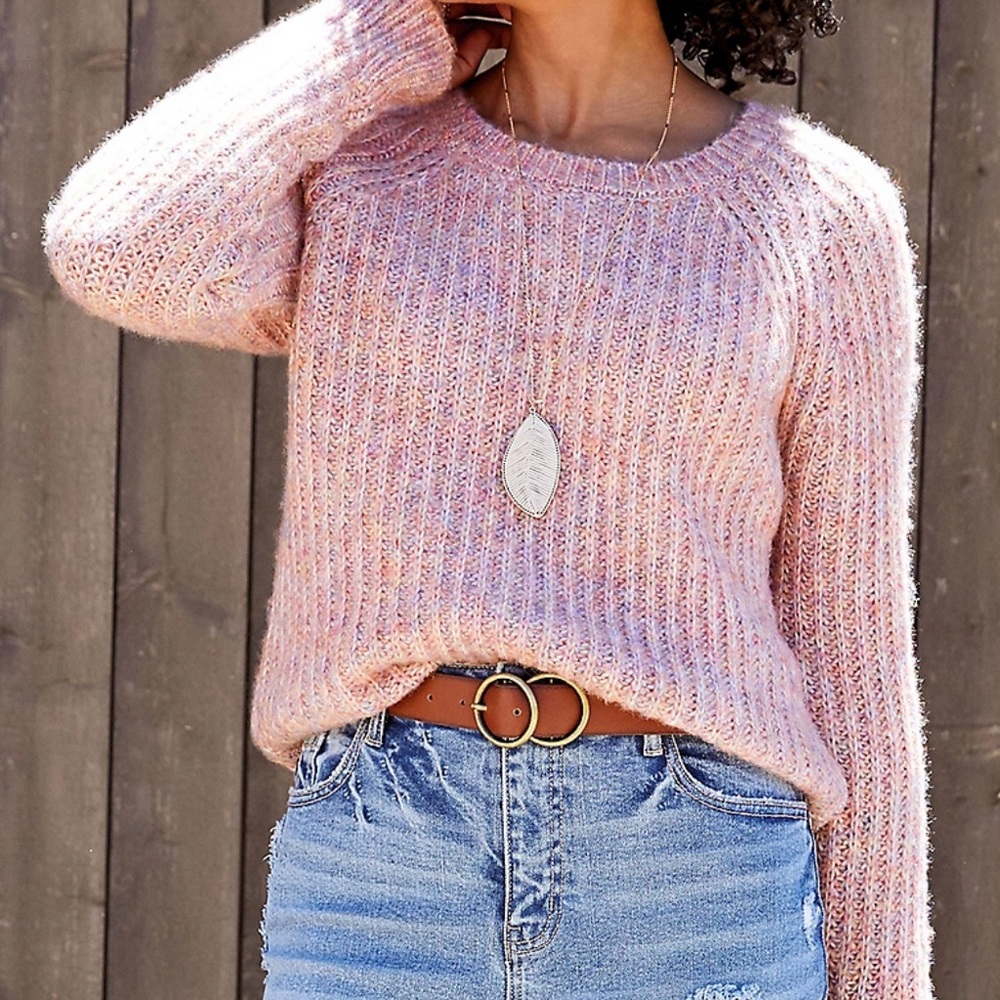 Pink Multicolor Yarn Crew Neck Pullover Sweater, Size XL